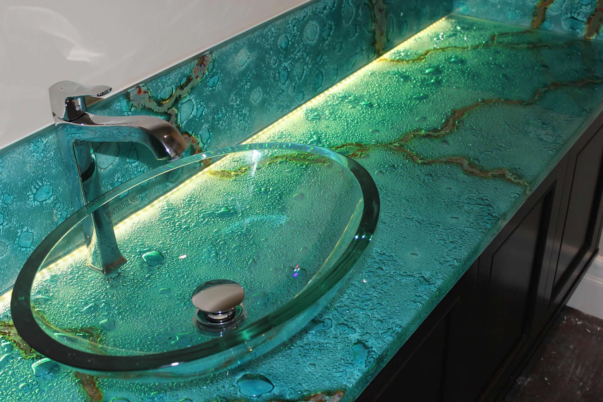 Exquisite Custom Made Solid Glass Bathroom Countertops and Sink Surrounds