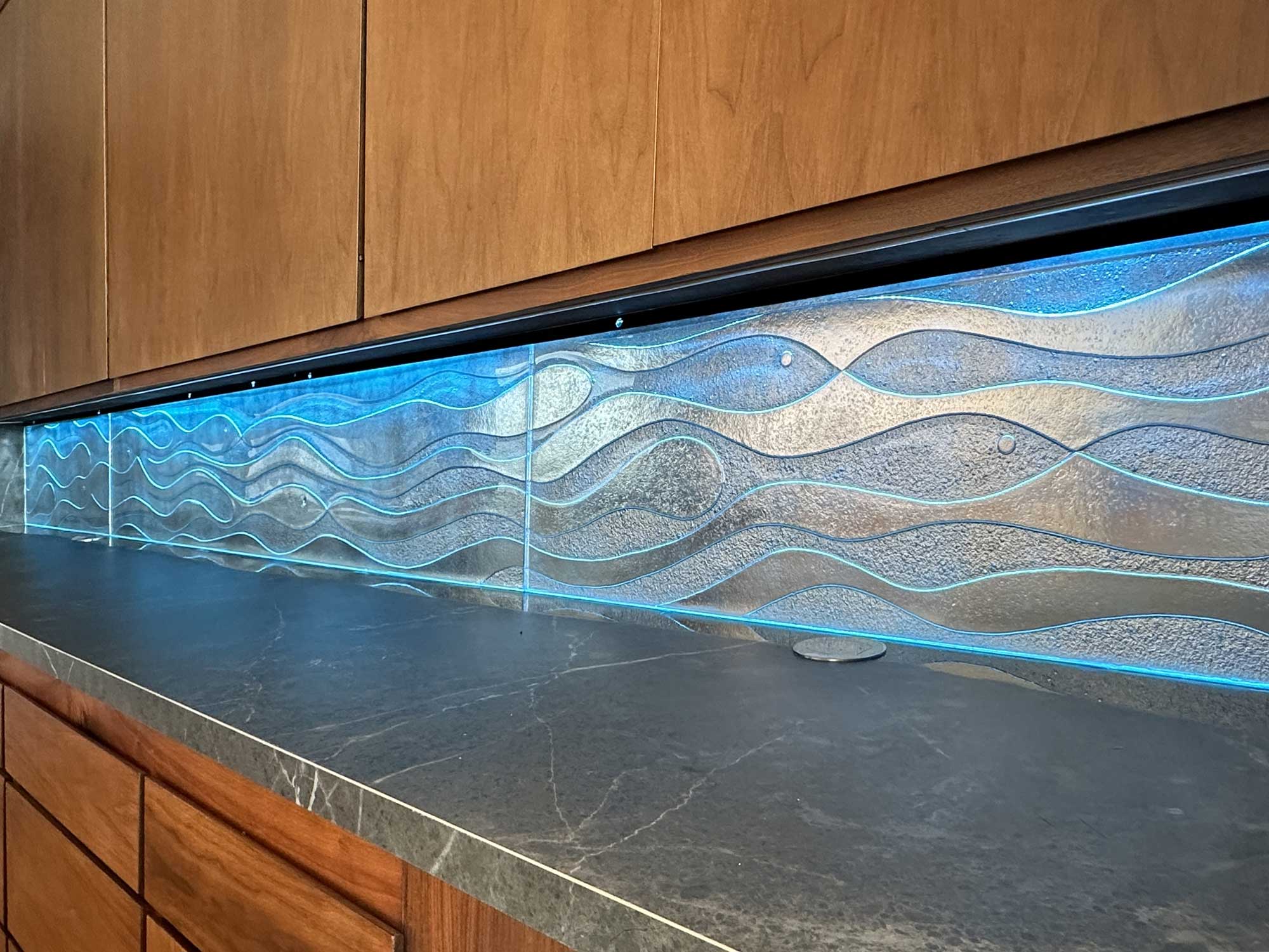 Custom Cast Backlit Glass Backsplash with LED Edge Lighting