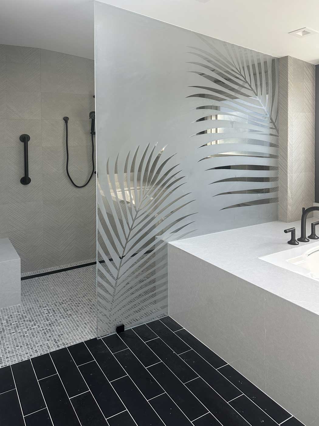 Etched Glass Palm Leaf Shower Partition by Experience Glass