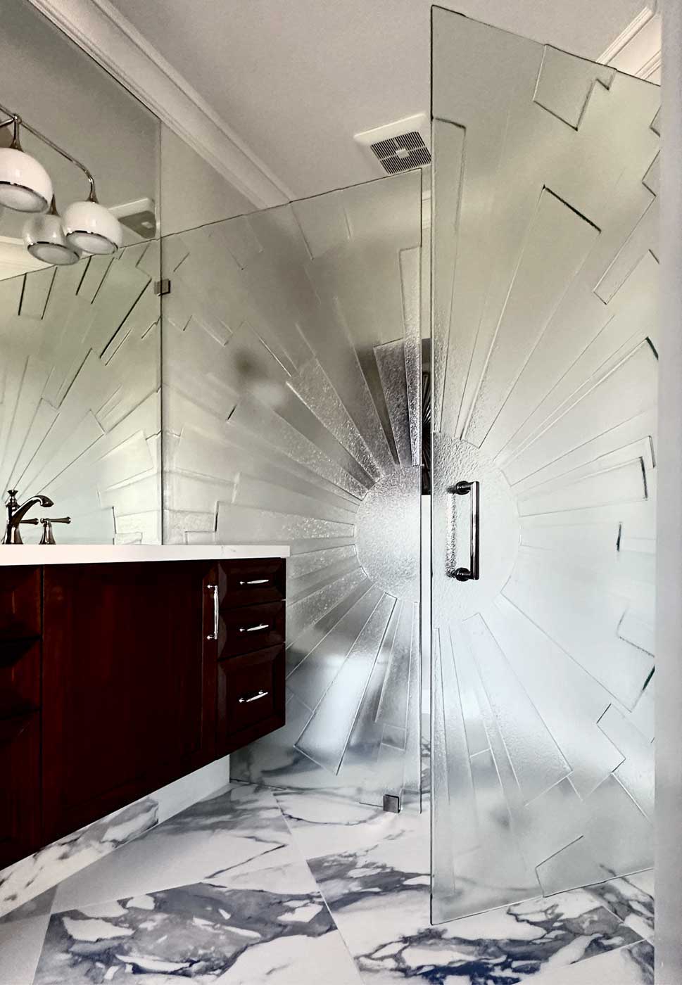 Sun Pattern Shower Partition in Frameless Cast Glass