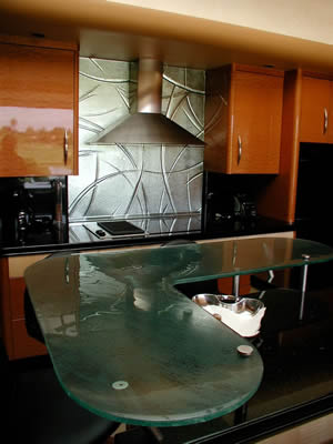 Custom Cast Glass Kitchen Island and Backsplash in Rancho Mirage by Experience Glass