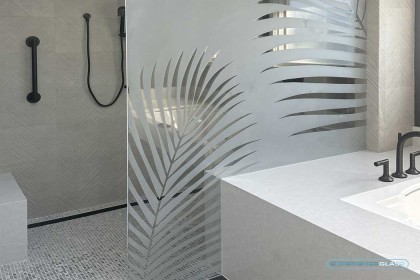 Etched Glass Palm Leaf Shower Partition by Experience Glass